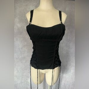 Marciano Black Lace-Up Corset Top  Cotton/ Silk Blend Whimsigoth Goth Grunge L
